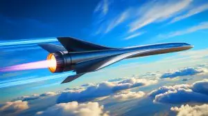Illustration of the Rotating Detonation Rocket Engine in action during a hypersonic test flight. Image generated by AI.