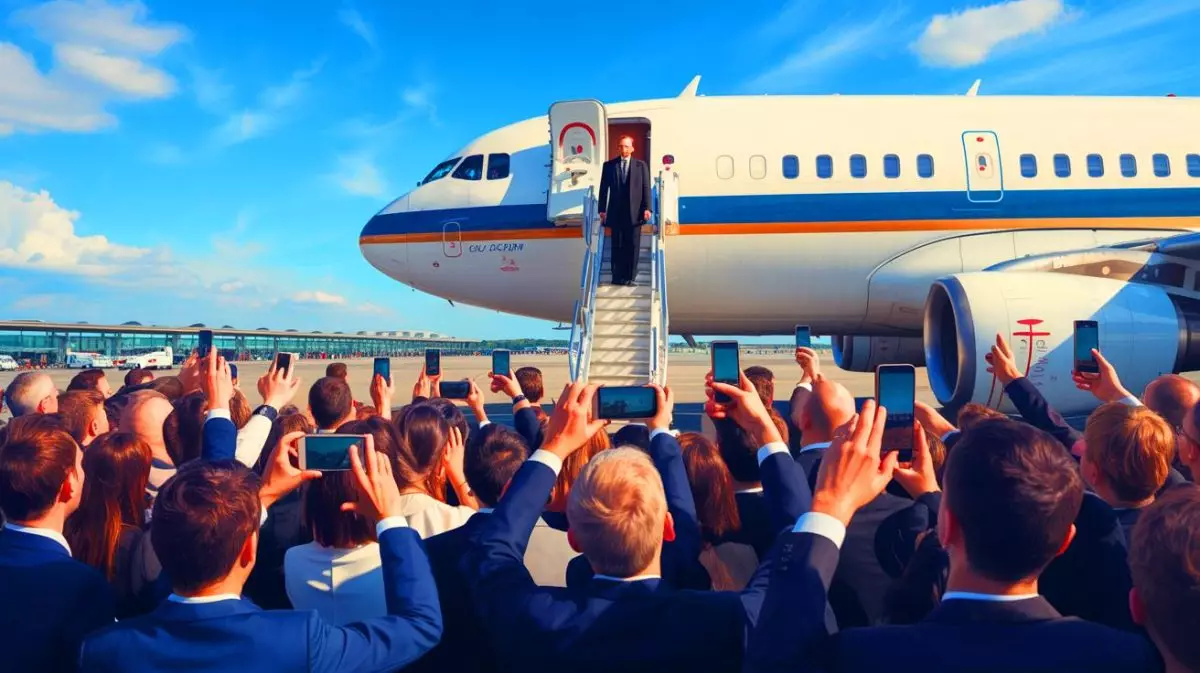 Illustration of Emmanuel Macron being allegedly slapped by his wife Brigitte as he disembarks from a plane. Image generated by AI.