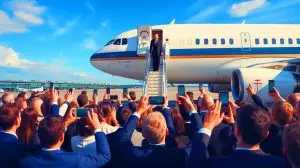 Illustration of Emmanuel Macron being allegedly slapped by his wife Brigitte as he disembarks from a plane. Image generated by AI.