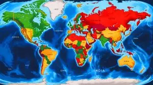 Illustration of the size comparison of countries on a world map to reveal true geographic scales. Image generated by AI.
