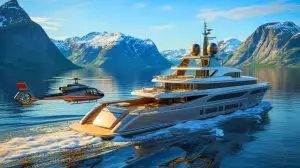 Illustration de Mark Zuckerberg utilisant ses superyachts pour une aventure de heliskiing en Norvège. Image réalisée par IA.