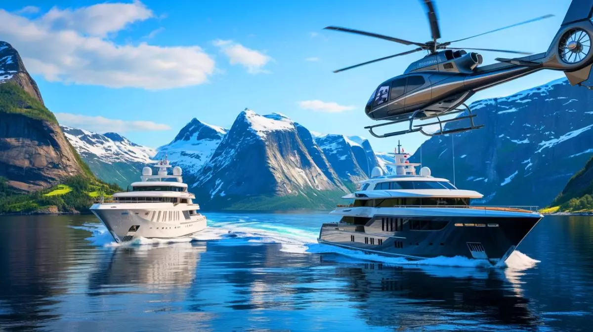 Illustration de Mark Zuckerberg naviguant avec ses superyachts dans les fjords norvégiens pour une aventure de heliski. Image réalisée par IA.