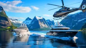 Illustration de Mark Zuckerberg naviguant avec ses superyachts dans les fjords norvégiens pour une aventure de heliski. Image réalisée par IA.