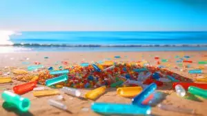 Illustration de la présence envahissante des microplastiques dans l'environnement et leur impact potentiel sur la santé humaine. Image réalisée par IA.