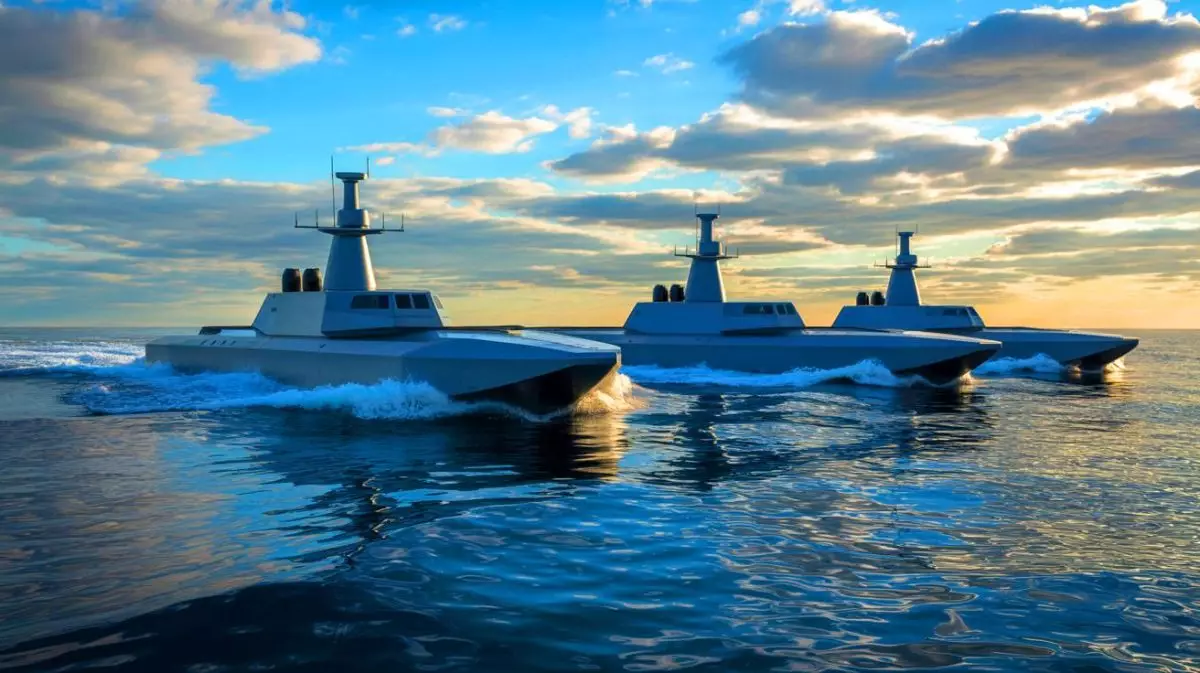Illustration de véhicules de surface autonomes utilisés par la marine américaine pour renforcer les opérations navales. Image réalisée par IA.