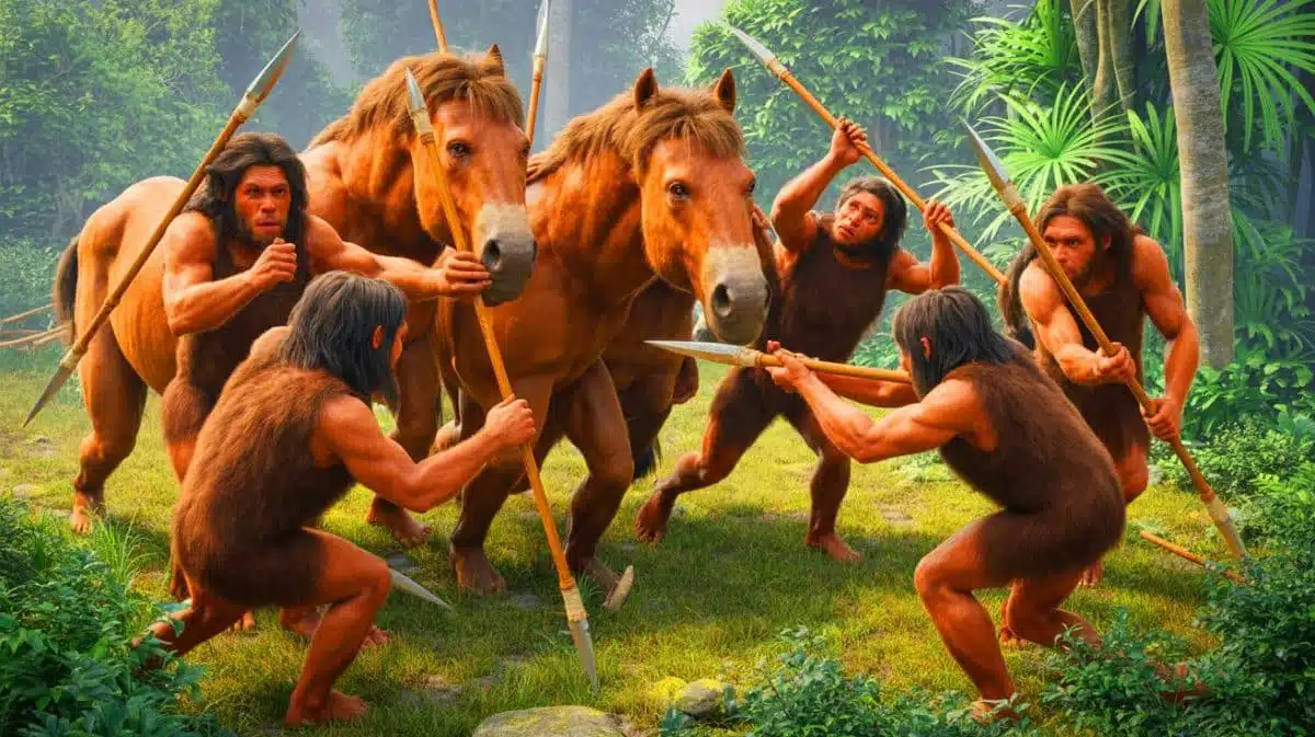 Illustration of Neanderthals engaging in group hunting activities. Image generated by AI.