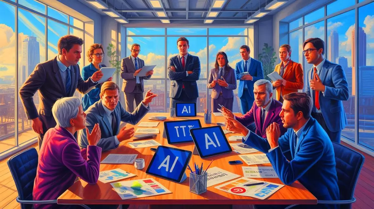 Illustration de l'affrontement entre créateurs et entreprises technologiques sur la régulation de l'intelligence artificielle. Image réalisée par IA.