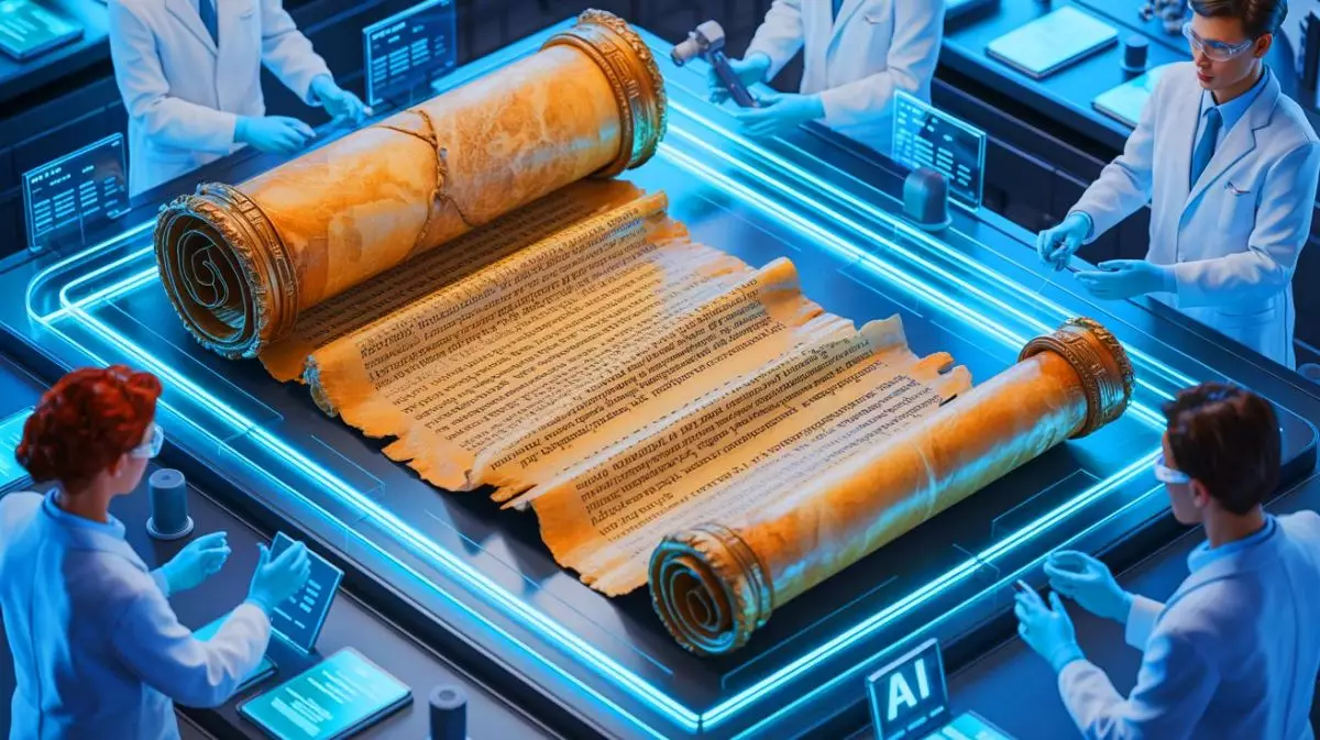 Illustration de la lecture d'un rouleau grec antique par intelligence artificielle. Image réalisée par IA.