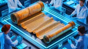 Illustration de la lecture d'un rouleau grec antique par intelligence artificielle. Image réalisée par IA.