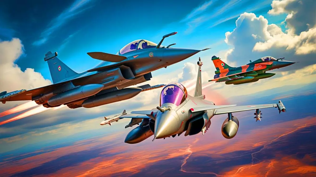 Illustration de l'affrontement aérien entre l'Inde et le Pakistan avec des avions Rafale et J-10CE. Image réalisée par IA.