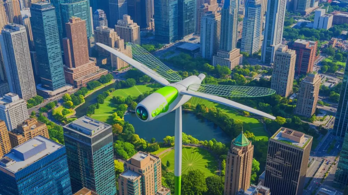 Illustration of the Dragonfly Turbine seamlessly integrated into an urban landscape. Image generated by AI.