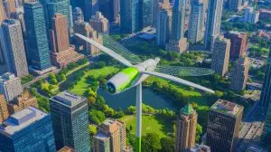 Illustration of the Dragonfly Turbine seamlessly integrated into an urban landscape. Image generated by AI.