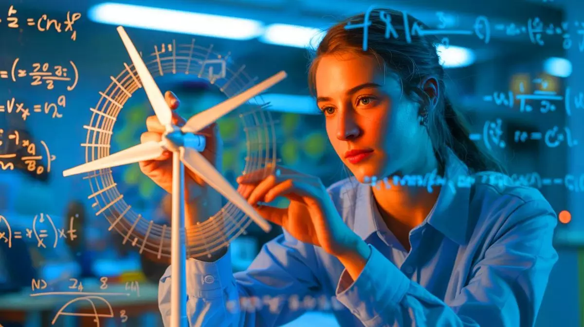 Illustration of a Penn State engineering student revolutionizing wind turbine efficiency by solving a century-old mathematical problem. Image generated by AI.