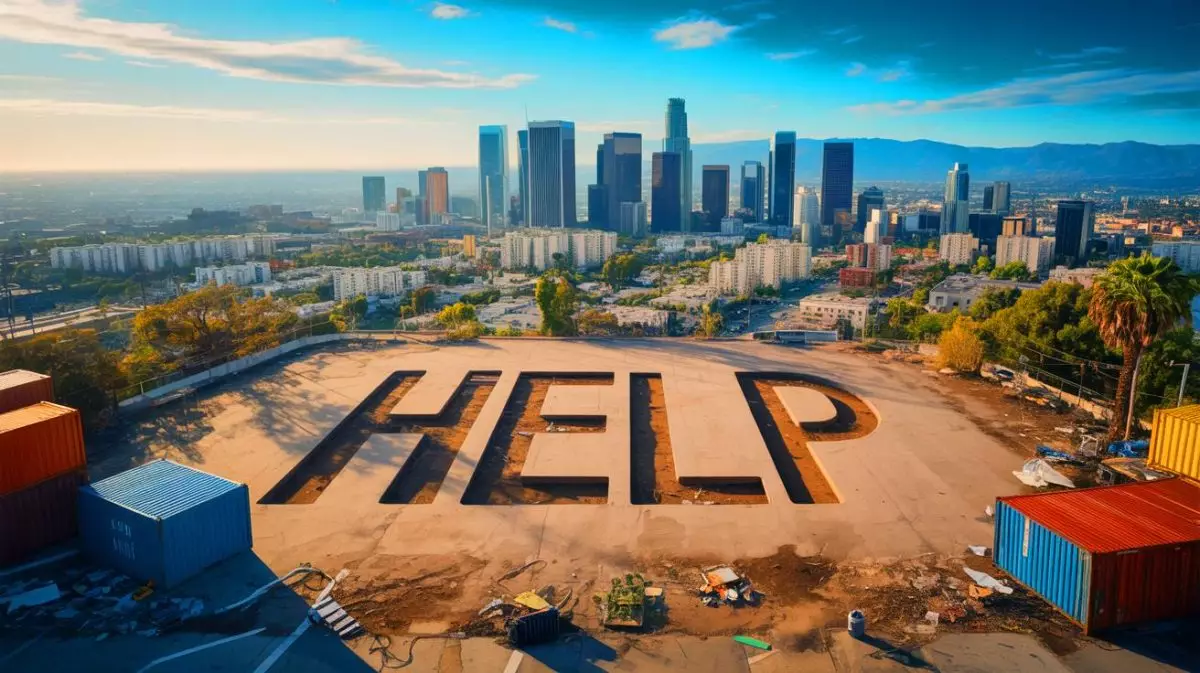Illustration of satellite images revealing the word "HELP" on an empty lot in Los Angeles. Image generated by AI.