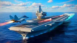 Illustration of China's Fujian aircraft carrier during a sea trial with advanced catapult systems. Image generated by AI.