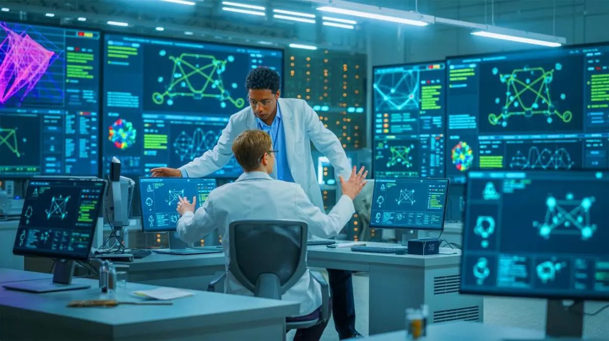 Illustration of researchers collaborating on a new method to solve complex polynomial equations. Image generated by AI.