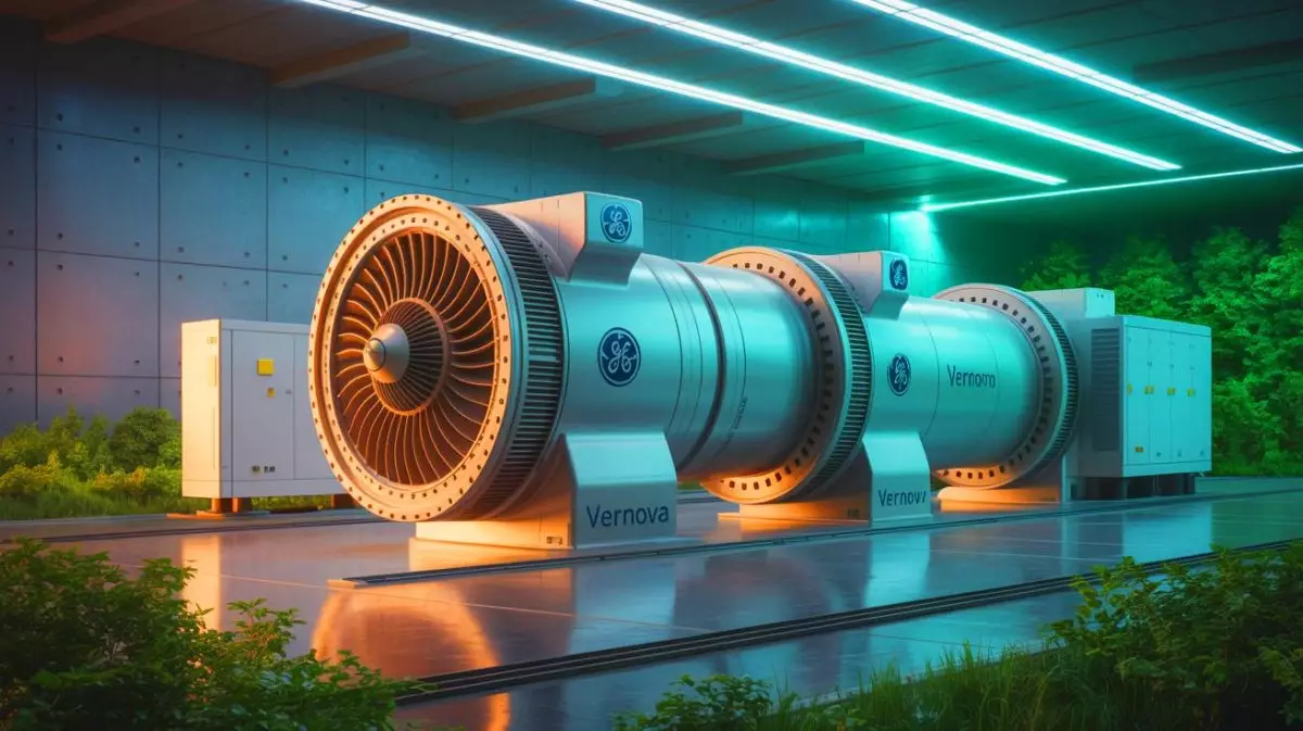 Illustration of GE Vernova's advanced gas turbines achieving 3 million hours of operation. Image generated by AI.