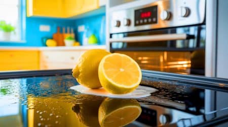 Illustration of using lemons as a natural cleaning agent for ovens. Image generated by AI.