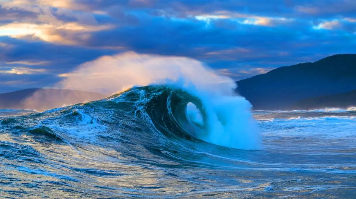 Illustration of a colossal rogue wave off the coast of Vancouver Island. Image generated by AI.