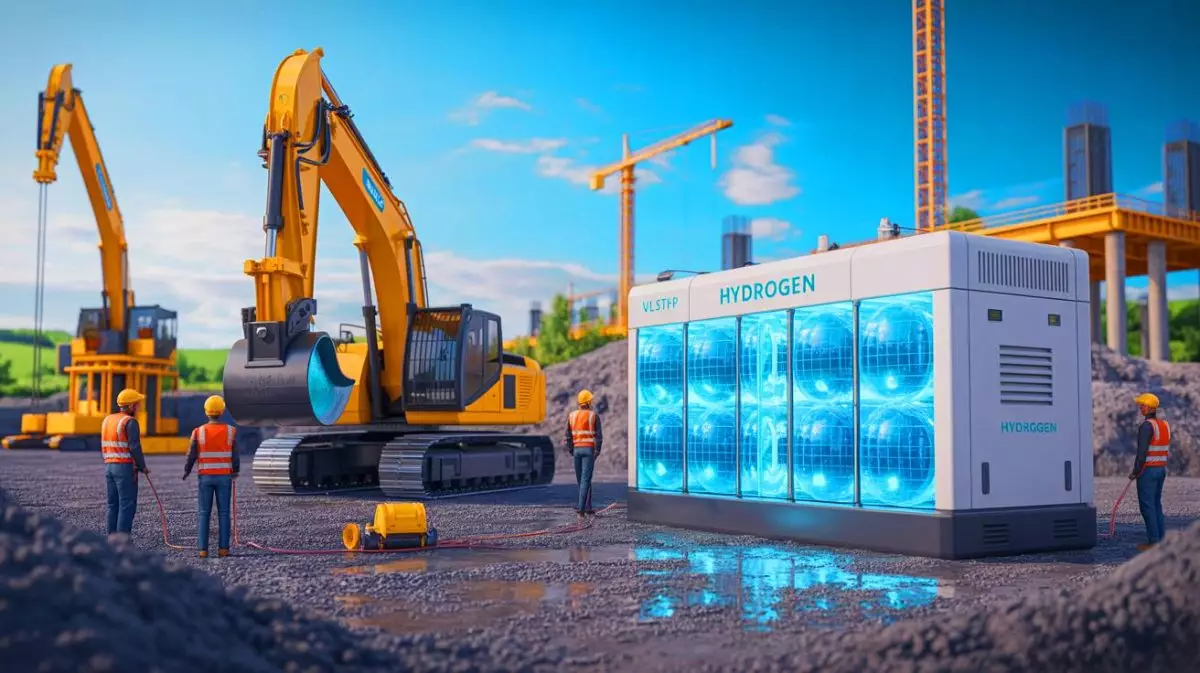 Illustration de générateurs à hydrogène alimentant un chantier de construction durable. Image réalisée par IA.