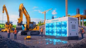 Illustration de générateurs à hydrogène alimentant un chantier de construction durable. Image réalisée par IA.