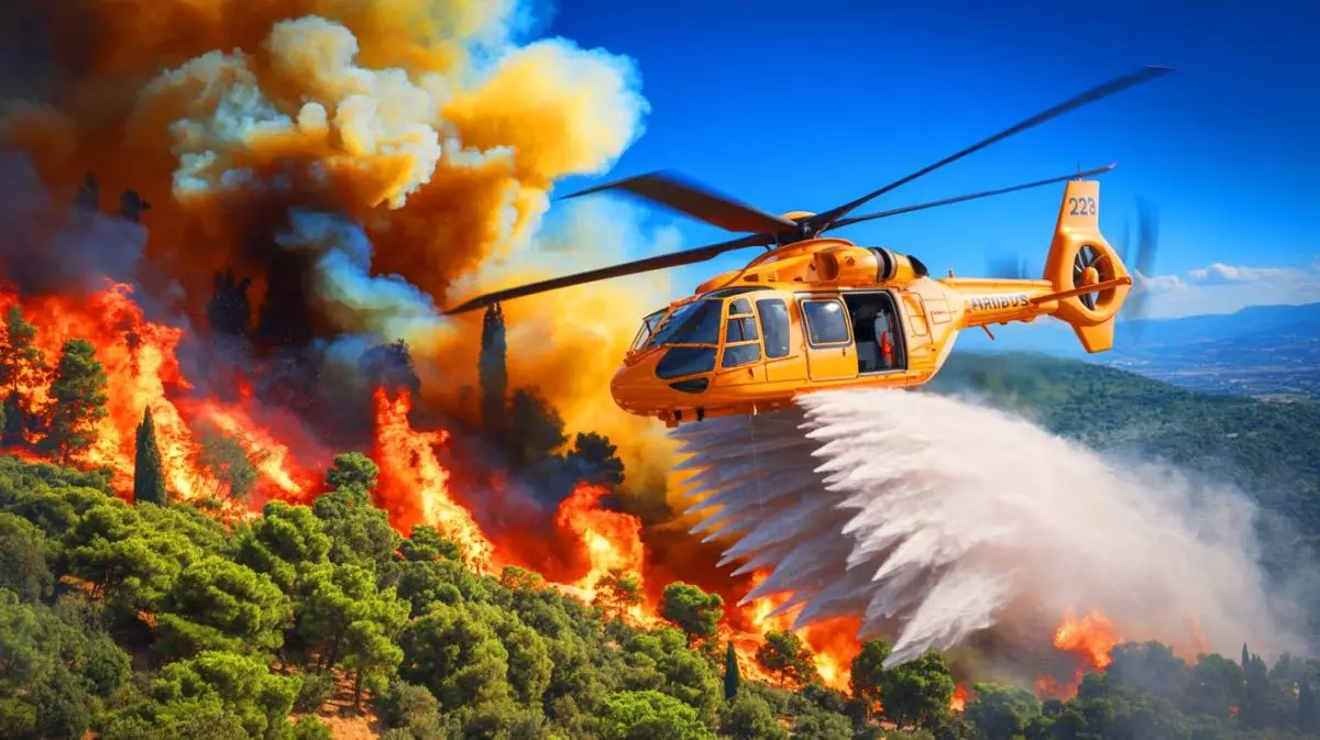 Illustration de la commande par la Grèce de huit hélicoptères H215 d’Airbus pour la lutte contre les incendies. Image réalisée par IA.