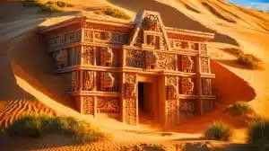Illustration de la découverte d'un ancien temple cérémoniel sous les dunes péruviennes. Image réalisée par IA.