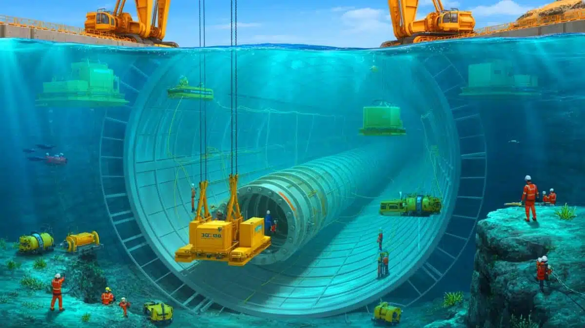 Illustration de la vision d'Elon Musk pour un tunnel sous l'Atlantique reliant l'Amérique à l'Europe. Image réalisée par IA.