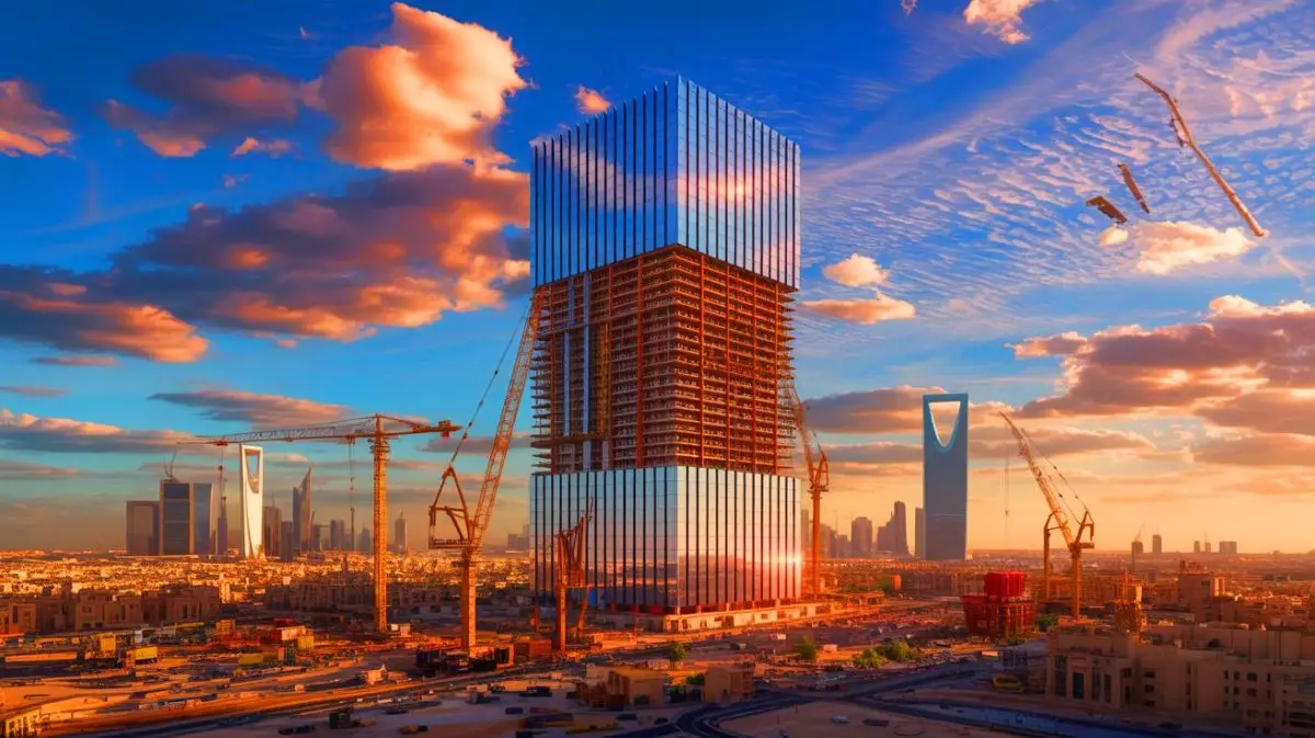 Illustration of the Mukaab, a colossal cube-shaped skyscraper in Riyadh, highlighting Saudi Arabia's urban innovation. Image generated by AI.