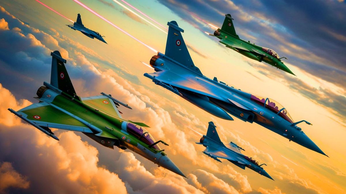 Illustration of an aerial battle between India's Dassault Rafale jets and Pakistan's J-10 fighters. Image generated by AI.
