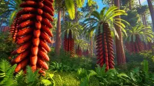 Illustration de l'arbre des dinosaures, le pin Wollemi, dans son habitat naturel. Image réalisée par IA.
