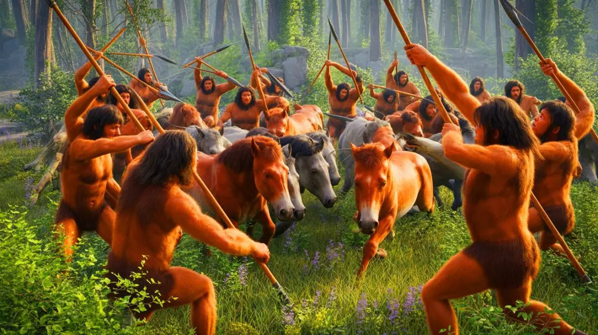 Illustration de Néandertaliens en train de chasser collectivement avec des lances en bois. Image réalisée par IA.