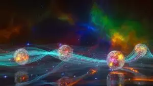 Illustration de la théorie du temps émergent des interactions quantiques. Image réalisée par IA.