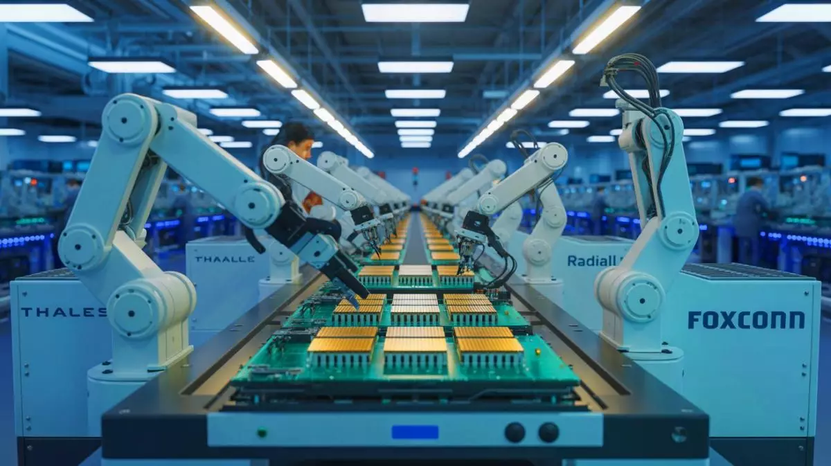 Illustration de l'unité d'assemblage de semi-conducteurs en France par Thales, Radiall et FoxConn. Image réalisée par IA.