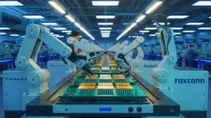 Illustration de l'unité d'assemblage de semi-conducteurs en France par Thales, Radiall et FoxConn. Image réalisée par IA.