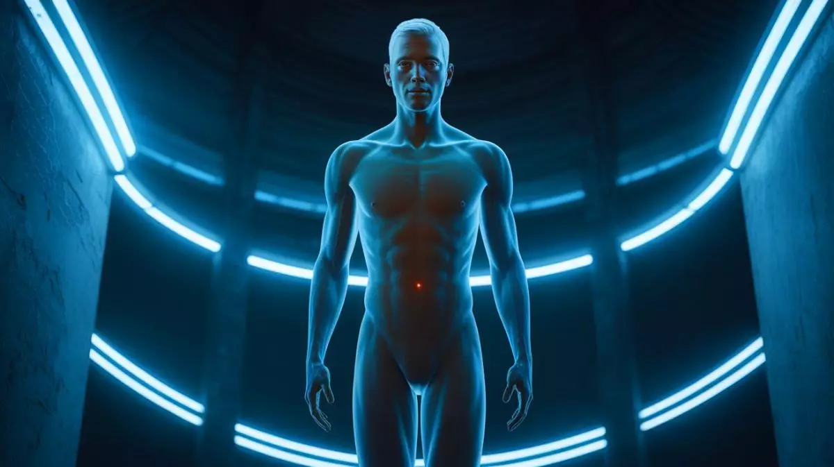 Illustration de l'émission de lumière ultrafaible par le corps humain. Image réalisée par IA.