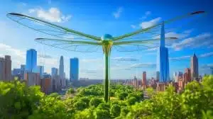 Illustration de la turbine Dragonfly intégrée dans un paysage urbain. Image réalisée par IA.