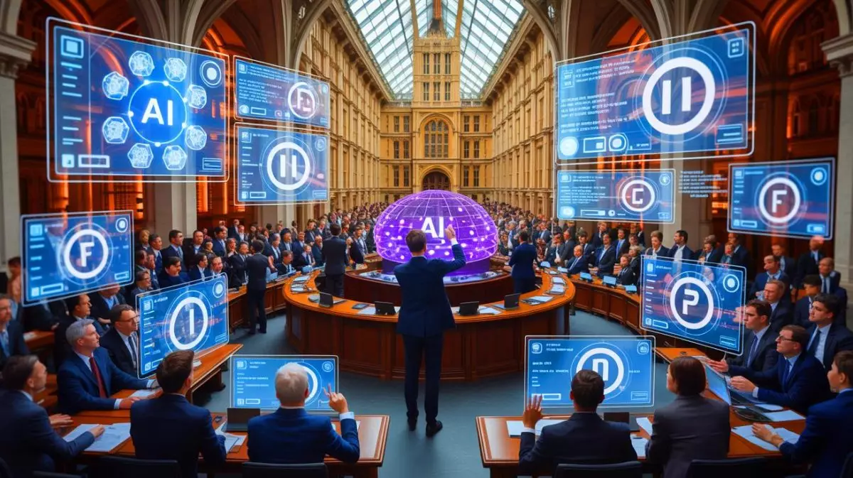 Illustration of the UK debate on AI regulation and copyright protection. Image generated by AI.