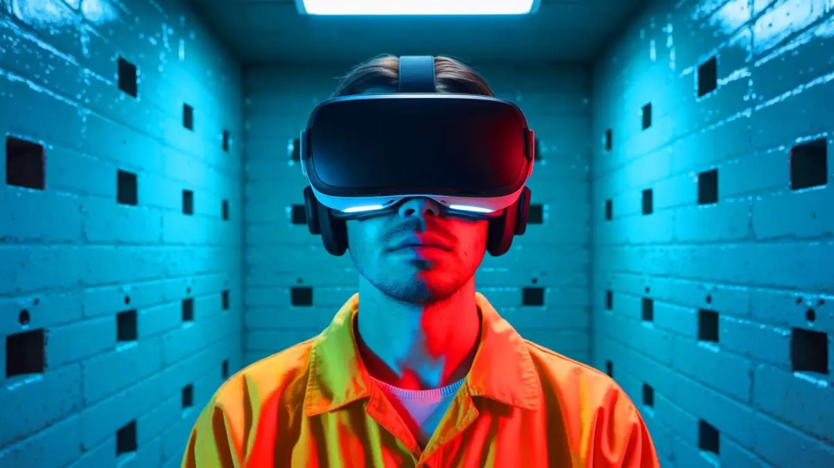 Illustration of virtual reality headsets being used by prisoners in solitary confinement to reduce psychological impact. Image generated by AI.