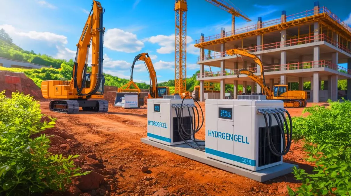 Illustration of hydrogen fuel cells powering a construction site. Image generated by AI.