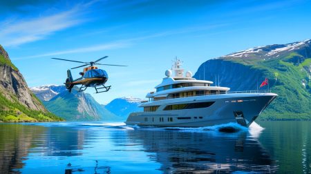 Illustration of Mark Zuckerberg's luxurious superyacht journey to Norway for a heliskiing adventure. Image generated by AI.