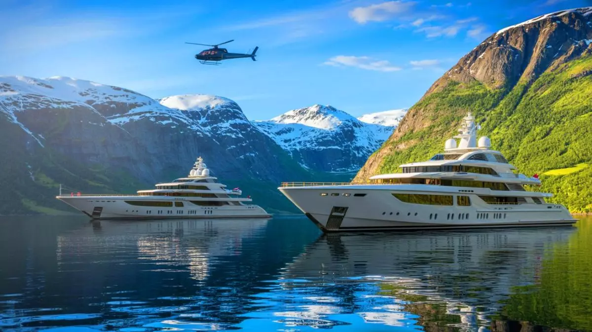 Illustration of Mark Zuckerberg's luxurious heliskiing adventure in Norway using superyachts. Image generated by AI.