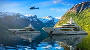 Illustration of Mark Zuckerberg's luxurious heliskiing adventure in Norway using superyachts. Image generated by AI.