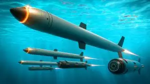 Illustration von autonomen Copperhead-M-Torpedos in einem Unterwasserszenario. Bild durch KI generiert.
