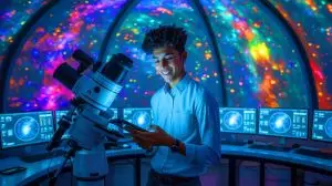 Illustration von einem jungen Forscher, der mithilfe künstlicher Intelligenz unbekannte kosmische Objekte entdeckt. Bild durch KI generiert.