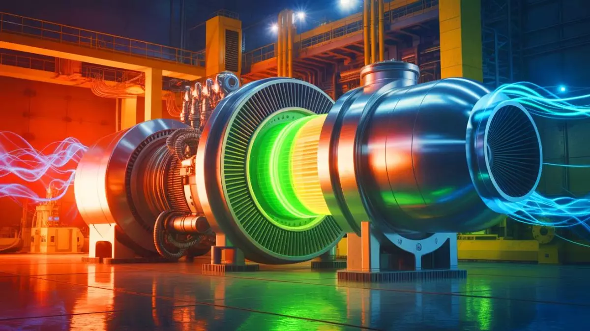 Illustration von GE Vernova Turbinen in Betrieb zur Förderung nachhaltiger Energieerzeugung. Bild durch KI generiert.