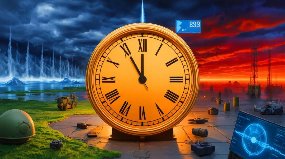 Illustration von der Doomsday Clock, die 89 Sekunden vor Mitternacht zeigt. Bild durch KI generiert.