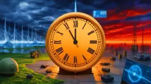 Illustration von der Doomsday Clock, die 89 Sekunden vor Mitternacht zeigt. Bild durch KI generiert.