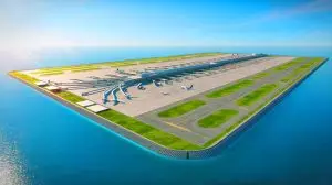 Illustration von einem gigantischen Flughafen auf einer künstlichen Insel vor der Küste Dalians. Bild durch KI generiert.