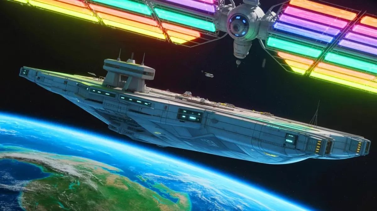Illustration von einem orbitalen Flugzeugträger im Weltraum. Bild durch KI generiert.